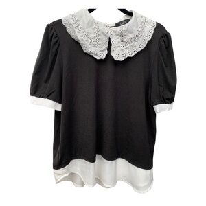 Lipslide black feminine blouse with white collar with pearls